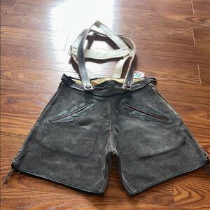 NWT Vintage 1940's 1950's Boys Gray Suede Leather Stag Lederhosen W/ Suspenders